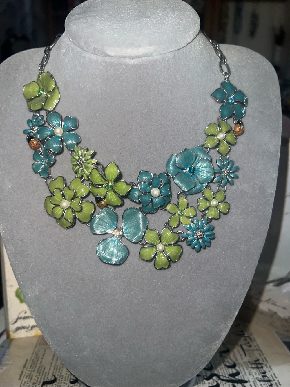 Premier Designs Teal and Lime Floral Bib Necklace